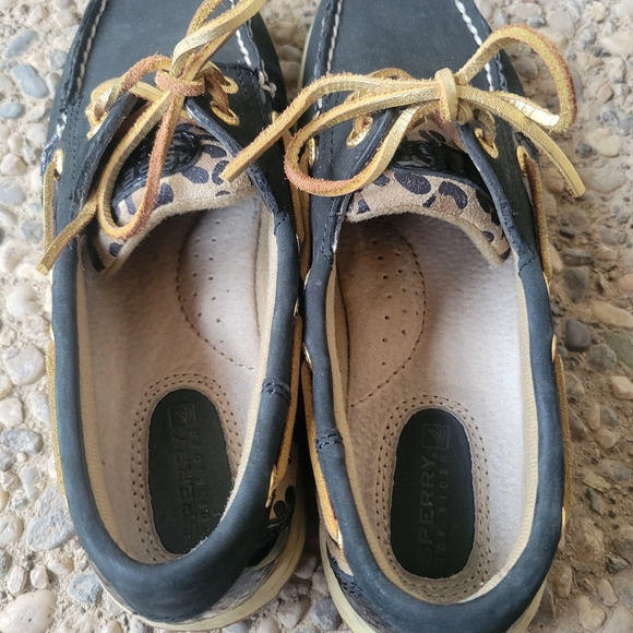 Sperry Black and Cheetah Print Top-Siders with Gold Laces - Picture 9 of 11